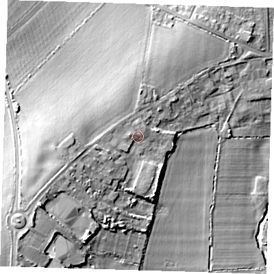 Shaded relief map of the ground around RM52BH, computed from Environment Agency LiDAR. The ground here sits at about 33 m above sea level and falls 21 m across the surrounding 800 m. Surface water reaching this point runs off ground lying to the west-south-west, 6.5 m higher.