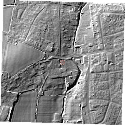 Shaded relief map of the ground around RM52BJ, computed from Environment Agency LiDAR. The ground here sits at about 26 m above sea level and falls 14 m across the surrounding 800 m. Surface water reaching this point runs off ground lying to the west, 4.4 m higher.