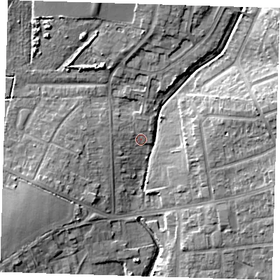 Shaded relief map of the ground around RM52EN, computed from Environment Agency LiDAR. The ground here sits at about 26 m above sea level and falls 12 m across the surrounding 800 m. Surface water reaching this point runs off ground lying to the north-north-west, 6.7 m higher.