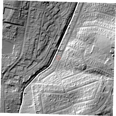 Shaded relief map of the ground around RM52PH, computed from Environment Agency LiDAR. The ground here sits at about 27 m above sea level and falls 17 m across the surrounding 800 m. Surface water reaching this point runs off ground lying to the east, 5.8 m higher.