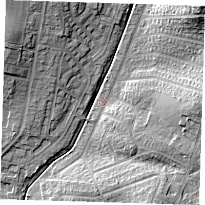Shaded relief map of the ground around RM52PJ, computed from Environment Agency LiDAR. The ground here sits at about 28 m above sea level and falls 24 m across the surrounding 800 m. Surface water reaching this point runs off ground lying to the north-east, 22.6 m higher.