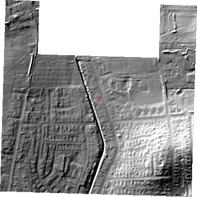 Shaded relief map of the ground around RM52TT, computed from Environment Agency LiDAR. The ground here sits at about 31 m above sea level and falls 28 m across the surrounding 800 m. Surface water reaching this point runs off ground lying to the east-south-east, 24.4 m higher.