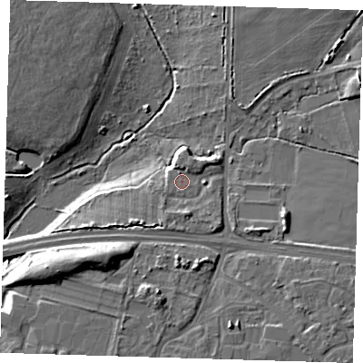 Shaded relief map of the ground around RM65RY, computed from Environment Agency LiDAR. The ground here sits at about 24 m above sea level and falls 11 m across the surrounding 800 m. The ground contributing surface water to this point lies to the south-south-west.
