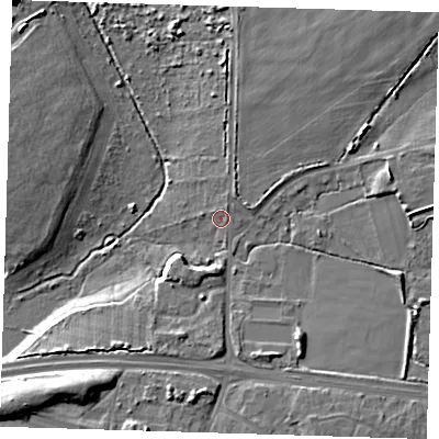 Shaded relief map of the ground around RM65SR, computed from Environment Agency LiDAR. The ground here sits at about 22 m above sea level and falls 11 m across the surrounding 800 m. Surface water reaching this point runs off ground lying to the north-north-east, 1.2 m higher.