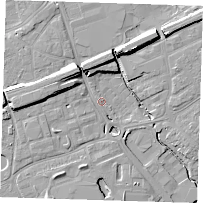Shaded relief map of the ground around RM70AA, computed from Environment Agency LiDAR. The ground here sits at about 13 m above sea level and falls 18 m across the surrounding 800 m. Surface water reaching this point runs off ground lying to the south-south-west, 8.5 m higher.
