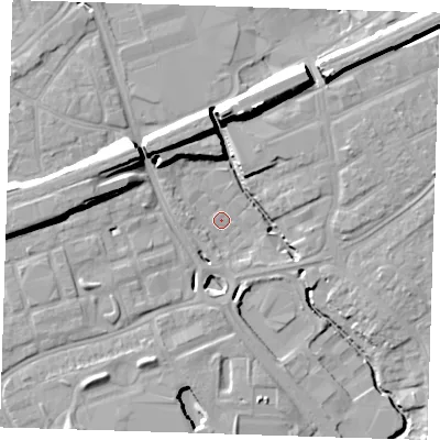 Shaded relief map of the ground around RM70AU, computed from Environment Agency LiDAR. The ground here sits at about 12 m above sea level and falls 18 m across the surrounding 800 m. Surface water reaching this point runs off ground lying to the south-south-west, 8.5 m higher.