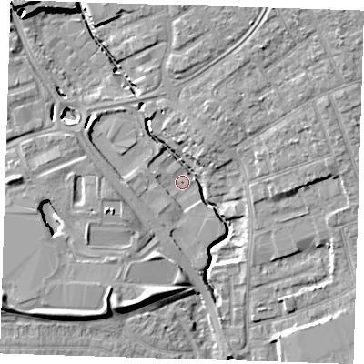 Shaded relief map of the ground around RM70AZ, computed from Environment Agency LiDAR. The ground here sits at about 10 m above sea level and falls 15 m across the surrounding 800 m. Surface water reaching this point runs off ground lying to the west, 5.9 m higher.