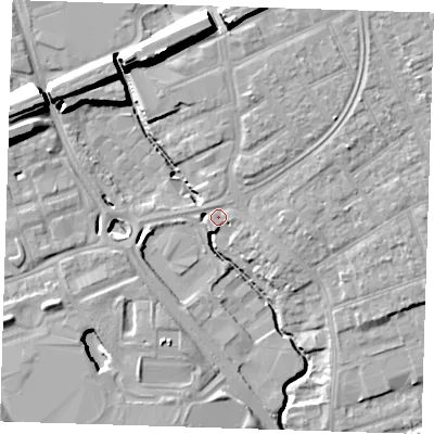 Shaded relief map of the ground around RM70FR, computed from Environment Agency LiDAR. The ground here sits at about 13 m above sea level and falls 18 m across the surrounding 800 m. Surface water reaching this point runs off ground lying to the north-east, 8.9 m higher.