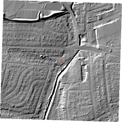 Shaded relief map of the ground around RM70JH, computed from Environment Agency LiDAR. The ground here sits at about 9 m above sea level and falls 13 m across the surrounding 800 m. Surface water reaching this point runs off ground lying to the west-north-west, 3.5 m higher.
