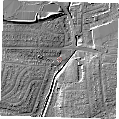 Shaded relief map of the ground around RM70PH, computed from Environment Agency LiDAR. The ground here sits at about 9 m above sea level and falls 12 m across the surrounding 800 m. Surface water reaching this point runs off ground lying to the west-north-west, 3.5 m higher.