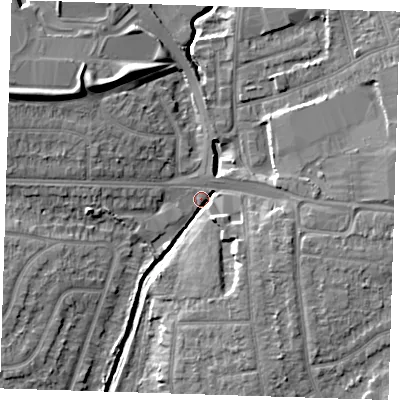 Shaded relief map of the ground around RM70PJ, computed from Environment Agency LiDAR. The ground here sits at about 9 m above sea level and falls 12 m across the surrounding 800 m. Surface water reaching this point runs off ground lying to the north-west, 10.9 m higher.