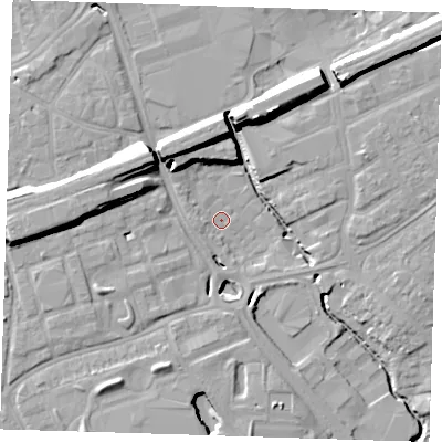 Shaded relief map of the ground around RM70RA, computed from Environment Agency LiDAR. The ground here sits at about 11 m above sea level and falls 18 m across the surrounding 800 m. Surface water reaching this point runs off ground lying to the south-south-west, 8.5 m higher.