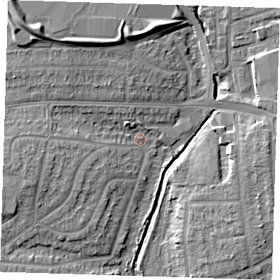 Shaded relief map of the ground around RM70RR, computed from Environment Agency LiDAR. The ground here sits at about 9 m above sea level and falls 13 m across the surrounding 800 m. Surface water reaching this point runs off ground lying to the west, 5.9 m higher.