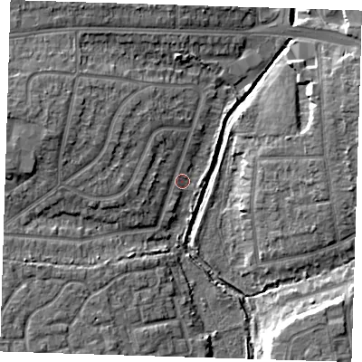 Shaded relief map of the ground around RM70SA, computed from Environment Agency LiDAR. The ground here sits at about 8 m above sea level and falls 10 m across the surrounding 800 m. Surface water reaching this point runs off ground lying to the west, 2.7 m higher.