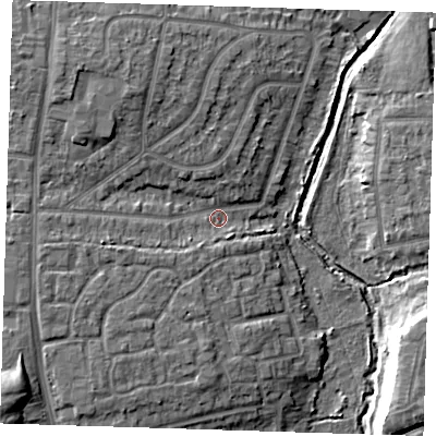 Shaded relief map of the ground around RM70SB, computed from Environment Agency LiDAR. The ground here sits at about 9 m above sea level and falls 12 m across the surrounding 800 m. Surface water reaching this point runs off ground lying to the north-west, 6.0 m higher.