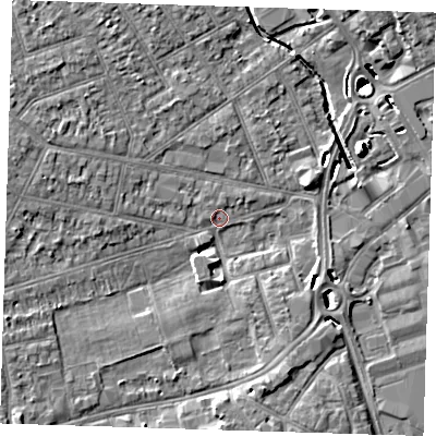 Shaded relief map of the ground around RM77AB, computed from Environment Agency LiDAR. The ground here sits at about 14 m above sea level and falls 9 m across the surrounding 800 m. Surface water reaching this point runs off ground lying to the west-north-west, 5.5 m higher.