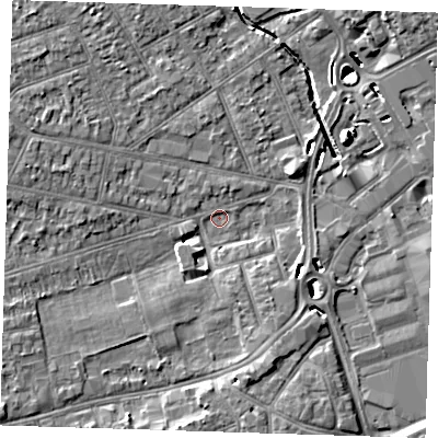 Shaded relief map of the ground around RM77AN, computed from Environment Agency LiDAR. The ground here sits at about 14 m above sea level and falls 10 m across the surrounding 800 m. Surface water reaching this point runs off ground lying to the south-south-east, 3.7 m higher.