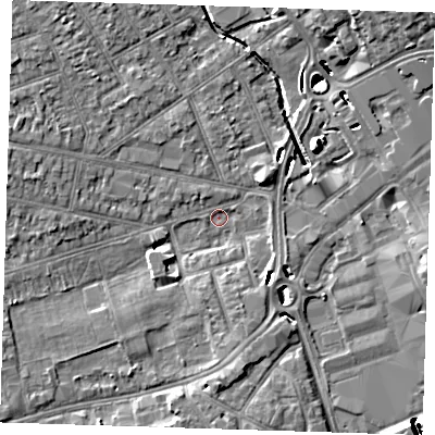 Shaded relief map of the ground around RM77AW, computed from Environment Agency LiDAR. The ground here sits at about 14 m above sea level and falls 12 m across the surrounding 800 m. Surface water reaching this point runs off ground lying to the west-north-west, 4.9 m higher.