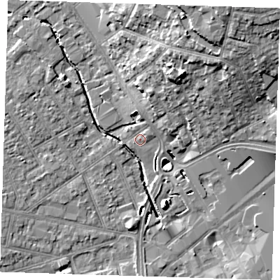 Shaded relief map of the ground around RM77DN, computed from Environment Agency LiDAR. The ground here sits at about 15 m above sea level and falls 19 m across the surrounding 800 m. Surface water reaching this point runs off ground lying to the north-north-east, 1.8 m higher.