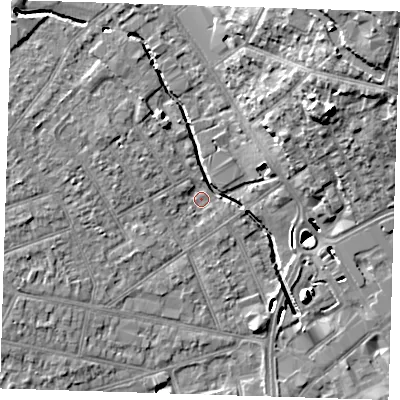 Shaded relief map of the ground around RM77ES, computed from Environment Agency LiDAR. The ground here sits at about 15 m above sea level and falls 19 m across the surrounding 800 m. Surface water reaching this point runs off ground lying to the west-north-west, 5.2 m higher.
