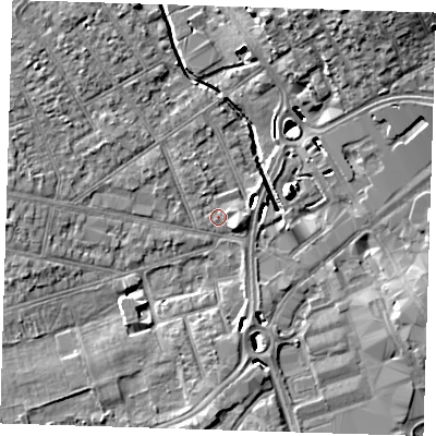 Shaded relief map of the ground around RM77HB, computed from Environment Agency LiDAR. The ground here sits at about 15 m above sea level and falls 12 m across the surrounding 800 m. Surface water reaching this point runs off ground lying to the north-west, 3.1 m higher.