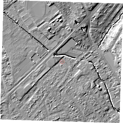 Shaded relief map of the ground around RM77JL, computed from Environment Agency LiDAR. The ground here sits at about 17 m above sea level and falls 11 m across the surrounding 800 m. Surface water reaching this point runs off ground lying to the south-west, 2.5 m higher.