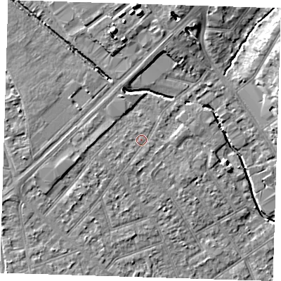 Shaded relief map of the ground around RM77JS, computed from Environment Agency LiDAR. The ground here sits at about 17 m above sea level and falls 10 m across the surrounding 800 m. Surface water reaching this point runs off ground lying to the west-south-west, 1.2 m higher.