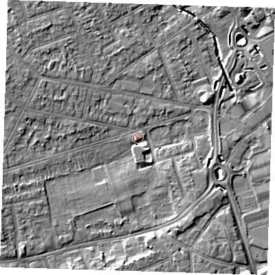 Shaded relief map of the ground around RM77LG, computed from Environment Agency LiDAR. The ground here sits at about 15 m above sea level and falls 10 m across the surrounding 800 m. Surface water reaching this point runs off ground lying to the south-east, 3.7 m higher.