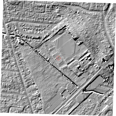 Shaded relief map of the ground around RM77PN, computed from Environment Agency LiDAR. The ground here sits at about 18 m above sea level and falls 10 m across the surrounding 800 m. Surface water reaching this point runs off ground lying to the north-east, 1.5 m higher.