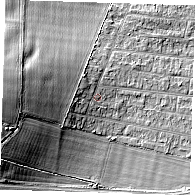 Shaded relief map of the ground around RM78AT, computed from Environment Agency LiDAR. The ground here sits at about 23 m above sea level and falls 18 m across the surrounding 800 m. Surface water reaching this point runs off ground lying to the west, 4.1 m higher.