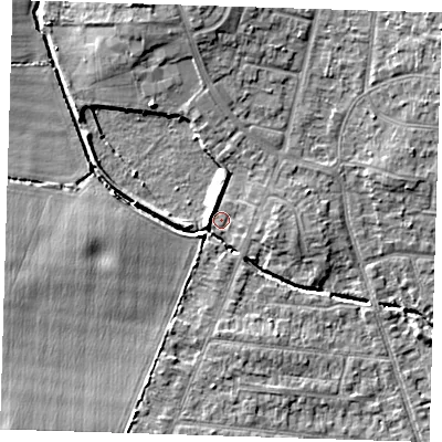Shaded relief map of the ground around RM78BS, computed from Environment Agency LiDAR. The ground here sits at about 20 m above sea level and falls 12 m across the surrounding 800 m. Surface water reaching this point runs off ground lying to the north-north-west, 7.1 m higher.