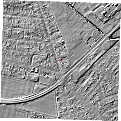 Shaded relief map of the ground around RM78BU, computed from Environment Agency LiDAR. The ground here sits at about 19 m above sea level and falls 7 m across the surrounding 800 m. Surface water reaching this point runs off ground lying to the west-south-west, 2.1 m higher.