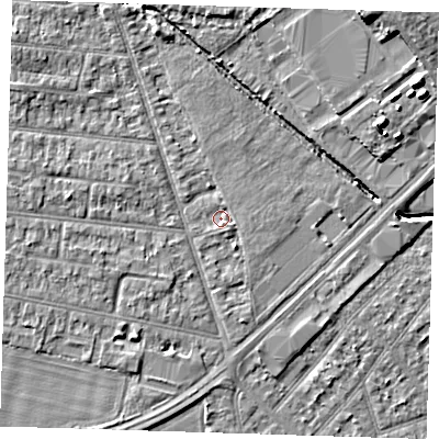 Shaded relief map of the ground around RM78DD, computed from Environment Agency LiDAR. The ground here sits at about 18 m above sea level and falls 8 m across the surrounding 800 m. Surface water reaching this point runs off ground lying to the south-south-east, 1.5 m higher.