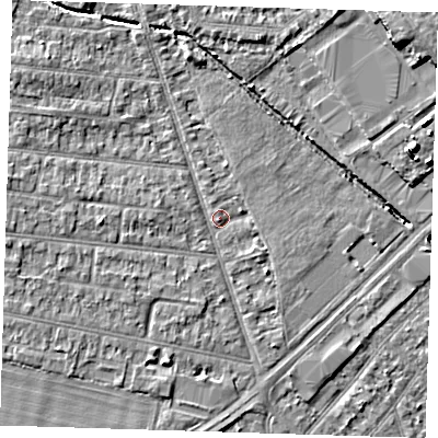 Shaded relief map of the ground around RM78DH, computed from Environment Agency LiDAR. The ground here sits at about 19 m above sea level and falls 8 m across the surrounding 800 m. Surface water reaching this point runs off ground lying to the west, 3.9 m higher.