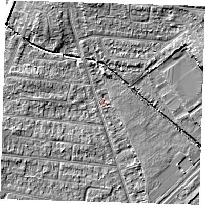 Shaded relief map of the ground around RM78DL, computed from Environment Agency LiDAR. The ground here sits at about 19 m above sea level and falls 8 m across the surrounding 800 m. Surface water reaching this point runs off ground lying to the north-west, 4.5 m higher.