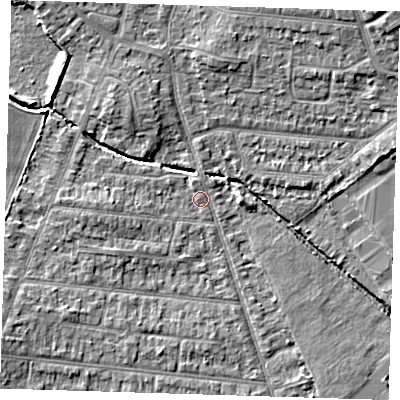 Shaded relief map of the ground around RM78DR, computed from Environment Agency LiDAR. The ground here sits at about 19 m above sea level and falls 10 m across the surrounding 800 m. Surface water reaching this point runs off ground lying to the north-west, 4.5 m higher.