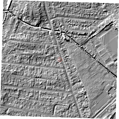 Shaded relief map of the ground around RM78DS, computed from Environment Agency LiDAR. The ground here sits at about 19 m above sea level and falls 7 m across the surrounding 800 m. Surface water reaching this point runs off ground lying to the north-north-west, 4.5 m higher.
