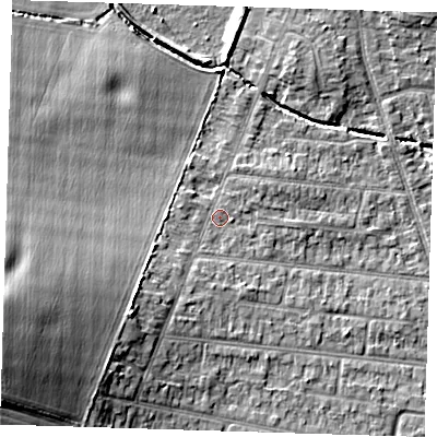 Shaded relief map of the ground around RM78DX, computed from Environment Agency LiDAR. The ground here sits at about 21 m above sea level and falls 16 m across the surrounding 800 m. Surface water reaching this point runs off ground lying to the south-west, 4.5 m higher.
