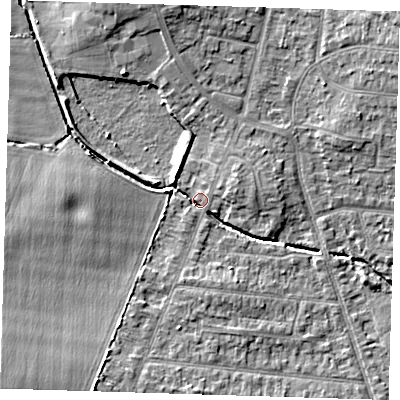 Shaded relief map of the ground around RM78EA, computed from Environment Agency LiDAR. The ground here sits at about 20 m above sea level and falls 13 m across the surrounding 800 m. Surface water reaching this point runs off ground lying to the south-west, 11.2 m higher.
