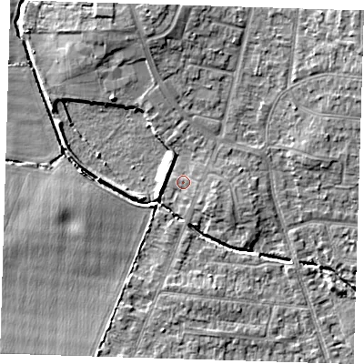 Shaded relief map of the ground around RM78ED, computed from Environment Agency LiDAR. The ground here sits at about 21 m above sea level and falls 11 m across the surrounding 800 m. Surface water reaching this point runs off ground lying to the north-north-west, 7.1 m higher.