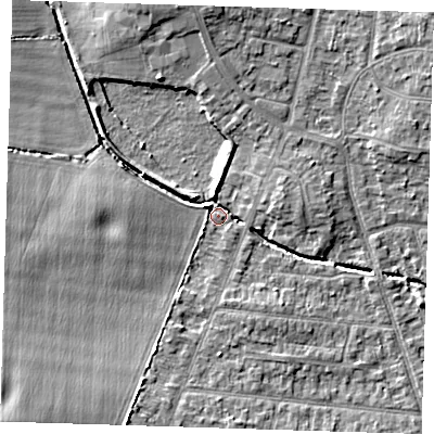 Shaded relief map of the ground around RM78EE, computed from Environment Agency LiDAR. The ground here sits at about 21 m above sea level and falls 14 m across the surrounding 800 m. Surface water reaching this point runs off ground lying to the north-north-west, 6.3 m higher.