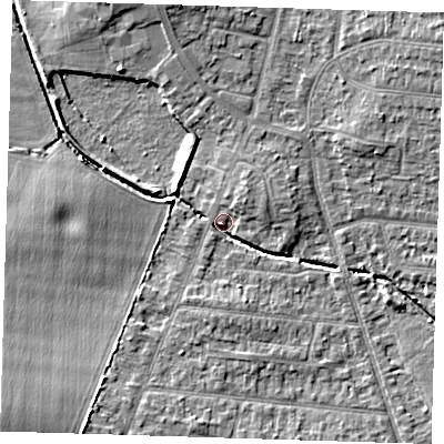 Shaded relief map of the ground around RM78EL, computed from Environment Agency LiDAR. The ground here sits at about 20 m above sea level and falls 12 m across the surrounding 800 m. Surface water reaching this point runs off ground lying to the south-west, 10.8 m higher.