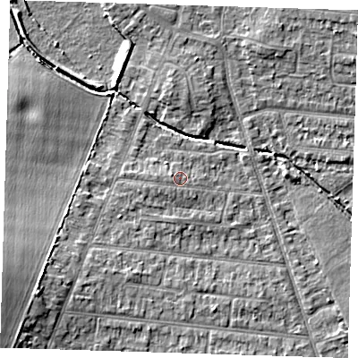 Shaded relief map of the ground around RM78EP, computed from Environment Agency LiDAR. The ground here sits at about 21 m above sea level and falls 11 m across the surrounding 800 m. Surface water reaching this point runs off ground lying to the west, 1.0 m higher.