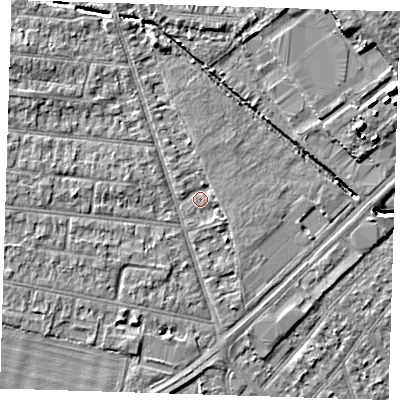 Shaded relief map of the ground around RM78ET, computed from Environment Agency LiDAR. The ground here sits at about 19 m above sea level and falls 8 m across the surrounding 800 m. Surface water reaching this point runs off ground lying to the north-west, 3.7 m higher.