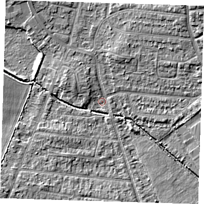 Shaded relief map of the ground around RM78QS, computed from Environment Agency LiDAR. The ground here sits at about 19 m above sea level and falls 12 m across the surrounding 800 m. Surface water reaching this point runs off ground lying to the north-west, 3.3 m higher.