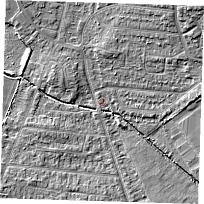 Shaded relief map of the ground around RM78QT, computed from Environment Agency LiDAR. The ground here sits at about 19 m above sea level and falls 13 m across the surrounding 800 m. Surface water reaching this point runs off ground lying to the south-south-east, 2.4 m higher.
