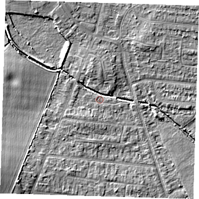 Shaded relief map of the ground around RM78QU, computed from Environment Agency LiDAR. The ground here sits at about 20 m above sea level and falls 10 m across the surrounding 800 m. Surface water reaching this point runs off ground lying to the south-west, 8.8 m higher.
