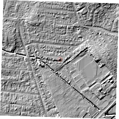 Shaded relief map of the ground around RM78RB, computed from Environment Agency LiDAR. The ground here sits at about 19 m above sea level and falls 12 m across the surrounding 800 m. Surface water reaching this point runs off ground lying to the east, 1.5 m higher.