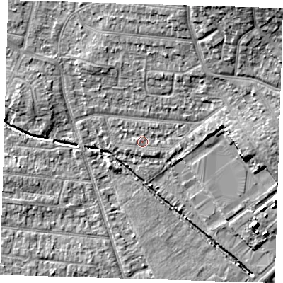 Shaded relief map of the ground around RM78RD, computed from Environment Agency LiDAR. The ground here sits at about 19 m above sea level and falls 13 m across the surrounding 800 m. Surface water reaching this point runs off ground lying to the east, 4.4 m higher.