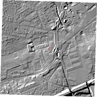 Shaded relief map of the ground around RM79AA, computed from Environment Agency LiDAR. The ground here sits at about 15 m above sea level and falls 13 m across the surrounding 800 m. Surface water reaching this point runs off ground lying to the south, 2.0 m higher.